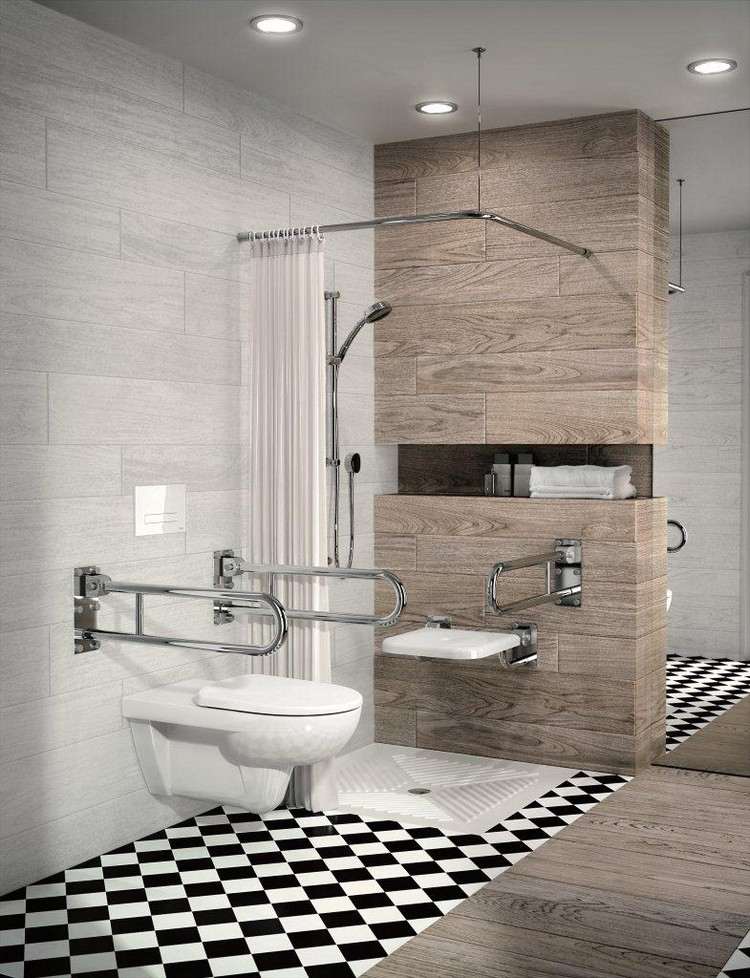 Planera ett barriärfritt badrum-tips-dusch-område-kakel-trä-look-vägg spegel