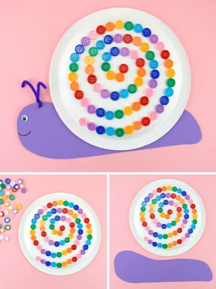Snigel tillverkad av färgat papper och knappar, idéer för förskolebarn 5 år