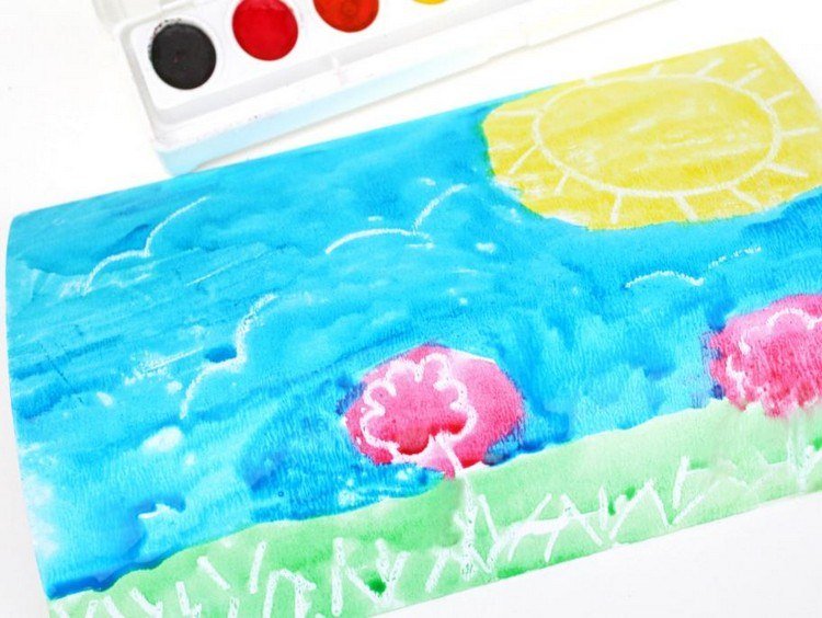 Målning med vax och vattenfärger för barn 6 år