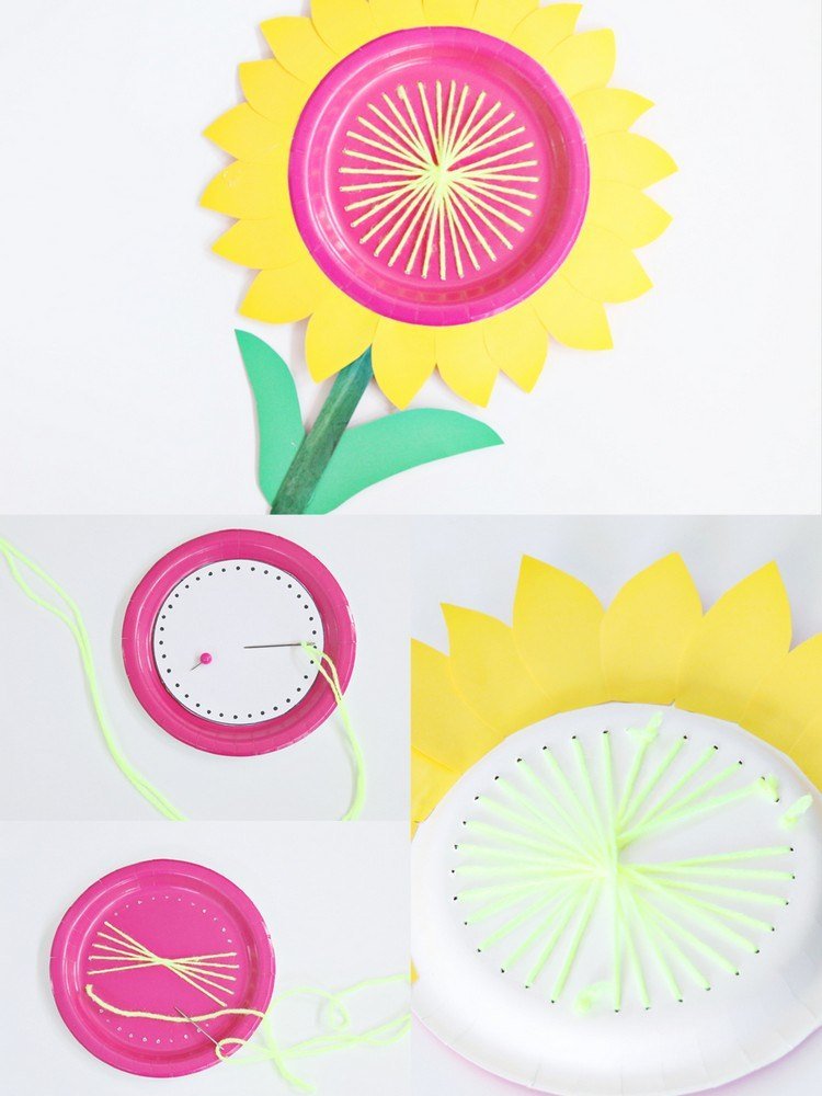 Lär dig att sy Förskolebarn gör blommor av papperstallrikar och färgat papper