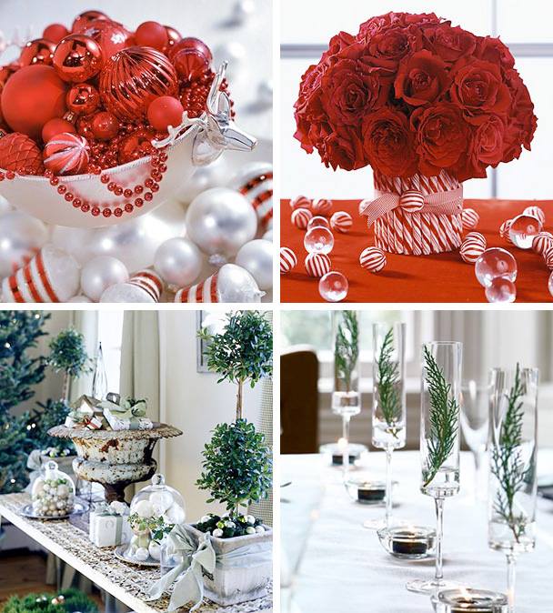 Hantverk-idéer-för-jul-bord-dekorationer-röda-blommor-godis-gran grenar