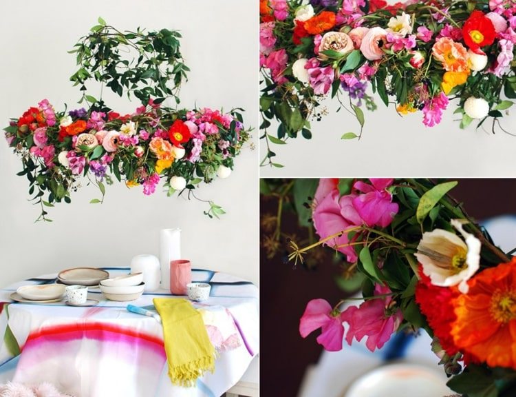 Blommakrans att hänga över bordet med färgglada blommor och rankor