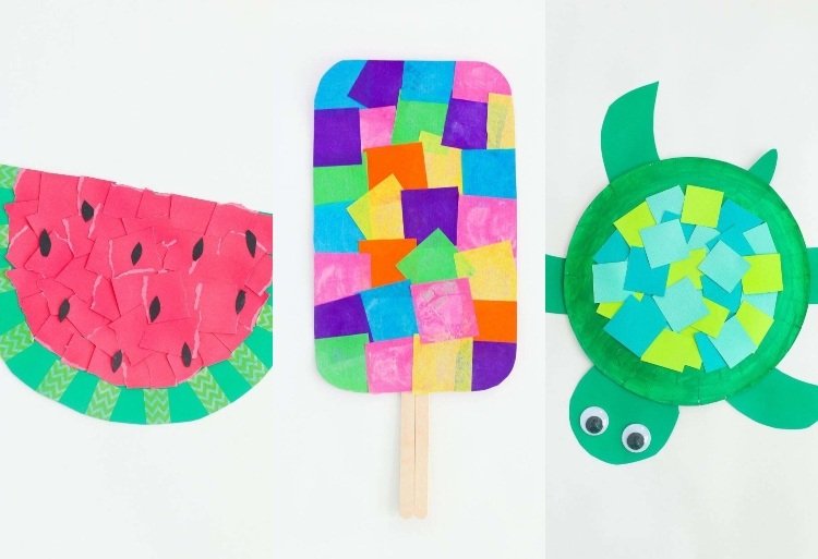 Hantverk med 2 åringar med kontaktpapper och papperstallrikar vattenmelon och glass och sköldpadda
