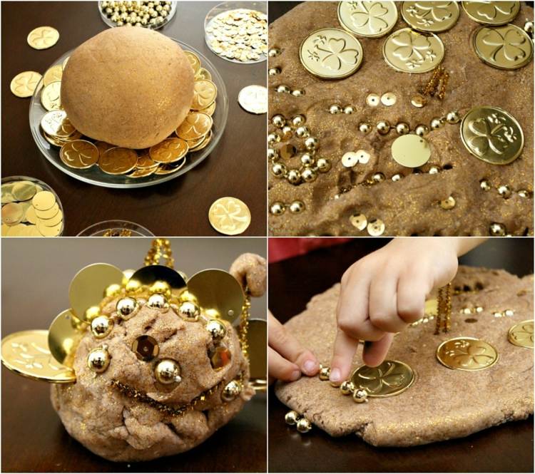 Gör lera själv guld paljetter mynt tinker kedja med 4 åringar till jul