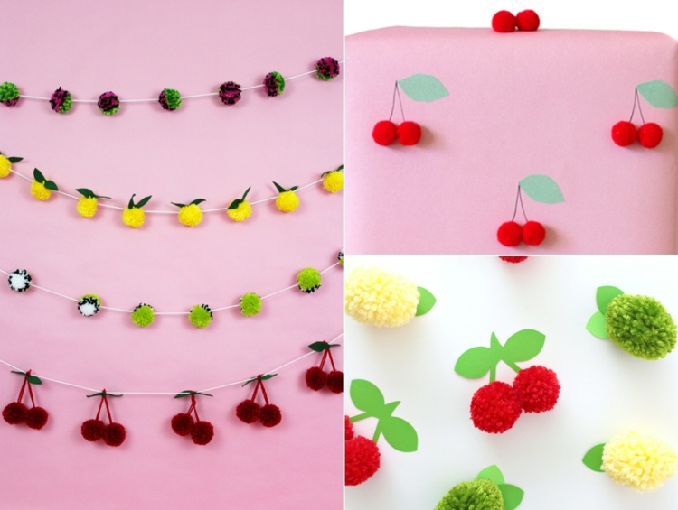 Gör frukter med pomponger - körsbär, citroner och lime med blad av papper