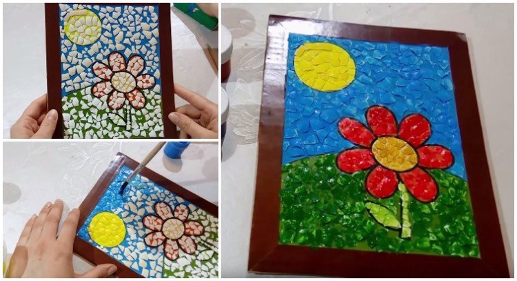 tinker-äggskal-barn-mosaik-bilder-måla-blomma-sol