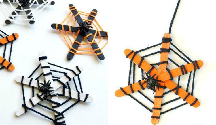 hantverk-dagisbarn-höst-instruktioner-halloween-dekoration-spindelnät-glasspinnar