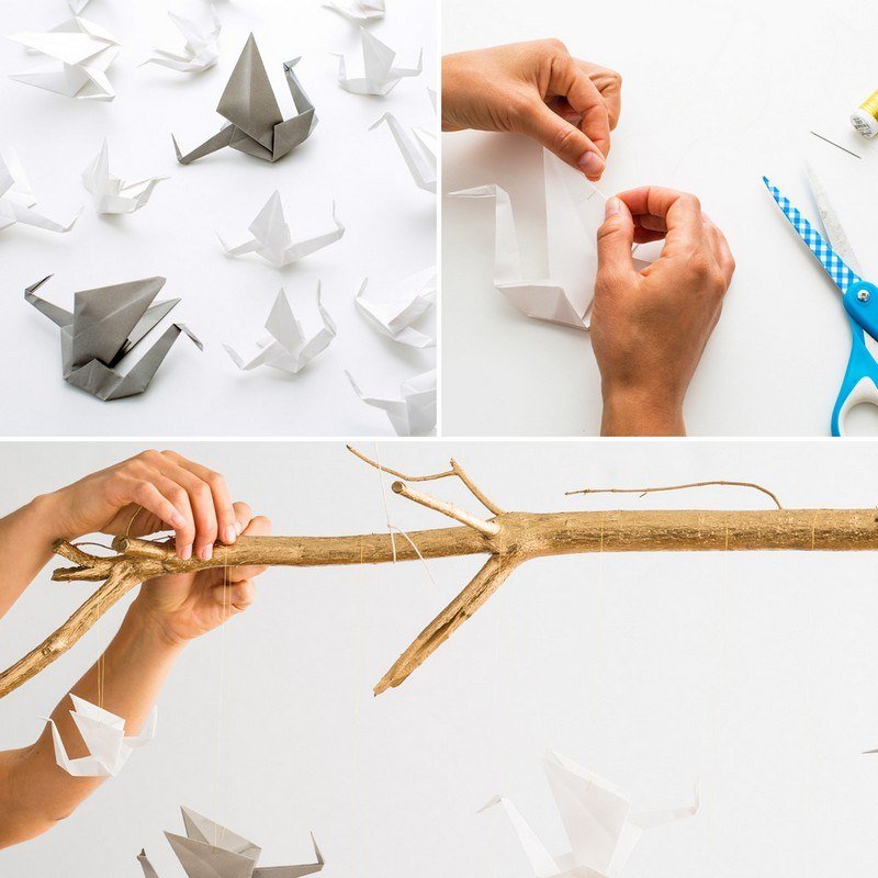 Hantverk-barn-origami-fågel-papper-vit-silver-vik