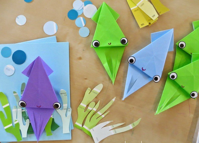 Hantverk-barn-origami-bläckfisk-vattenlevande livspapper