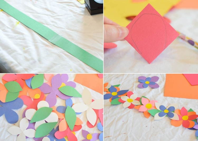 Gör en färgglad krans av blommor av papper med barn - enkla instruktioner