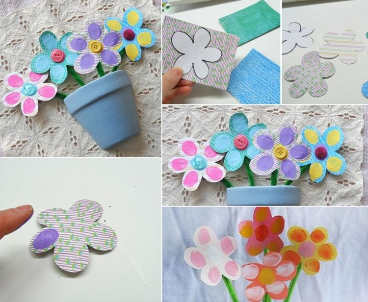 Idé för småbarn - klipp ut blommor från papper och designa dem med fingeravtryck
