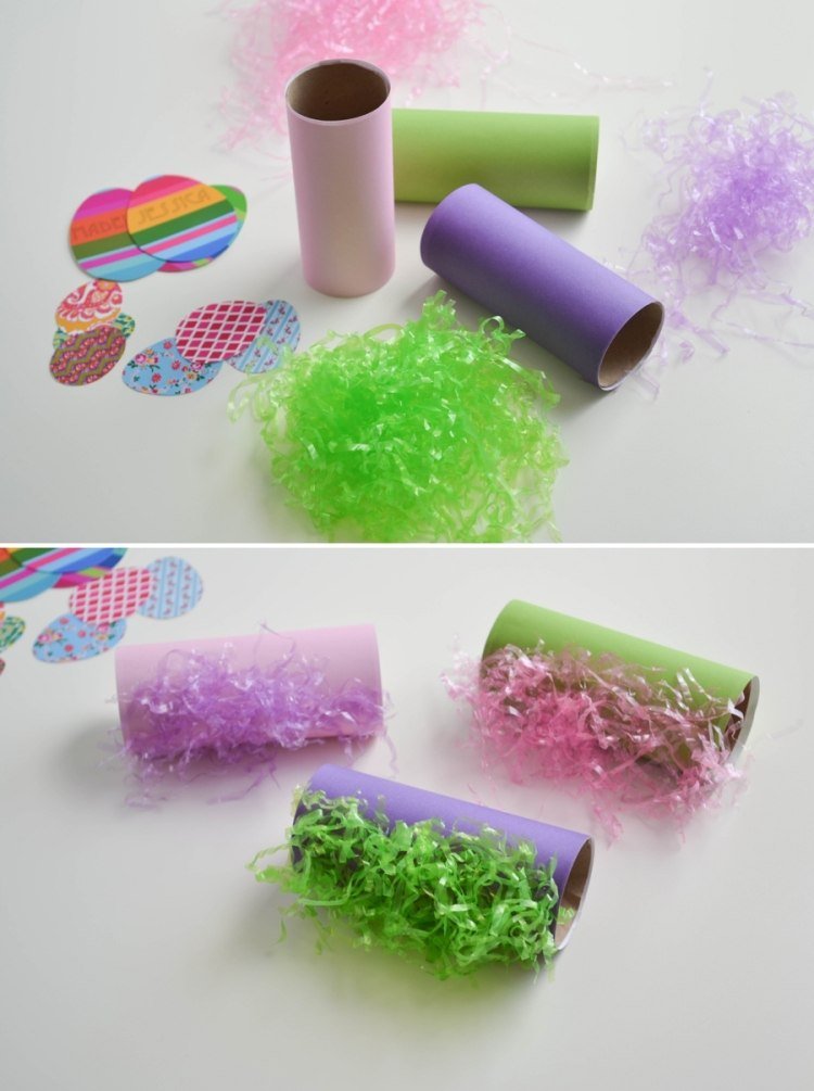 Hantverk med barn påsk-toalettpapper rullar-vår-färger-påsk gräs