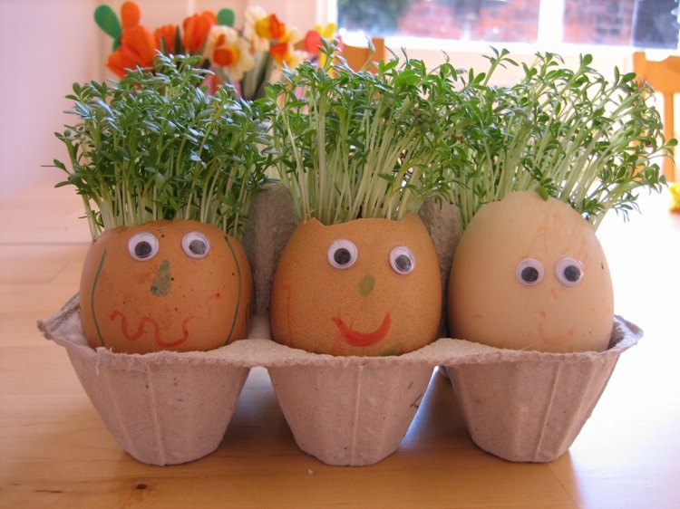 hantverk med små barn äggskal-ansikten-vicka-ögon-krasse-växter-påsk