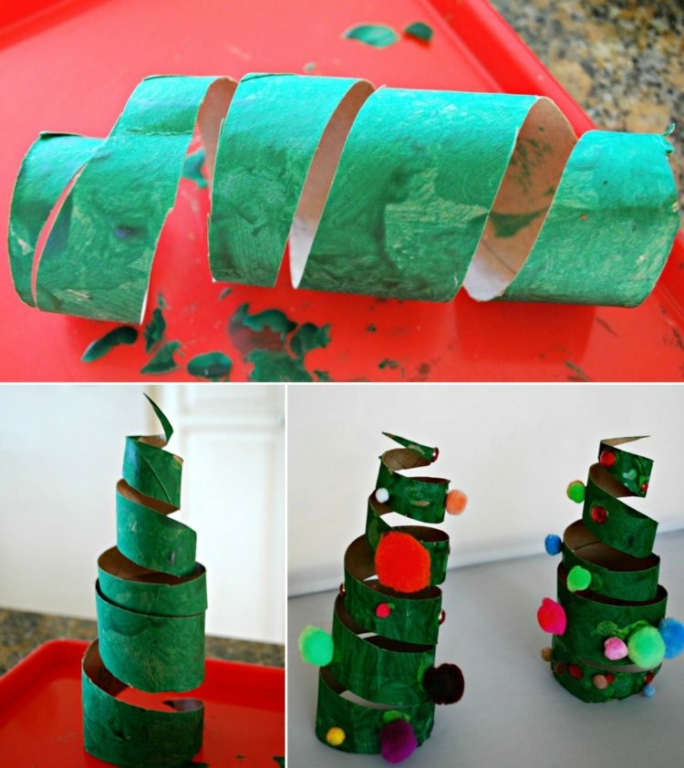 tinker-toalett-rullar-jul-spiral-diy-måla-bubblor-lim-gran-träd-dekorera