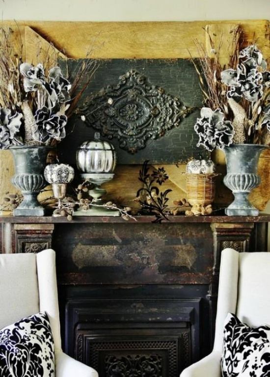 Vintage dekor vardagsrum-höstprydnad med pumpor-silverfärgade blomvaser
