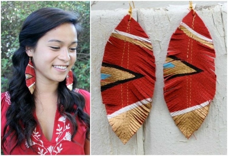 Hantverk med läderindiska örhängen-fjäderformad-röd-guld-gör-själv