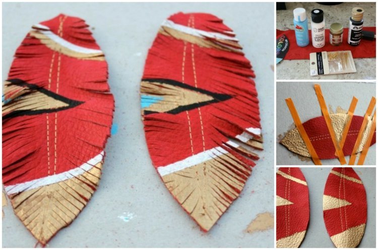 Hantverk med läderindiska örhängen-etno-röd-guld-randig-fjäderform