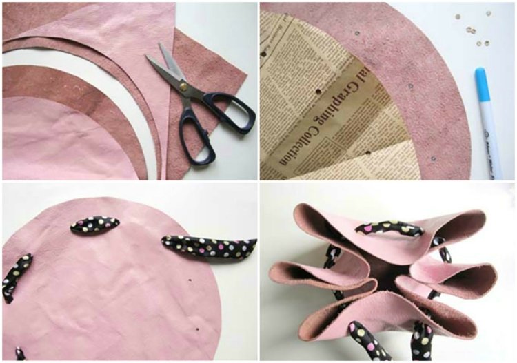 tinker-med-läder-väska-rosa-tyg-läder-svart-band-färgade-prickar-sax