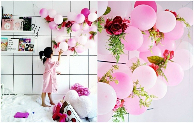 tinker-ballonger-krans-dekoration-tinker-med-barn-rosa-blommor-grön-gren