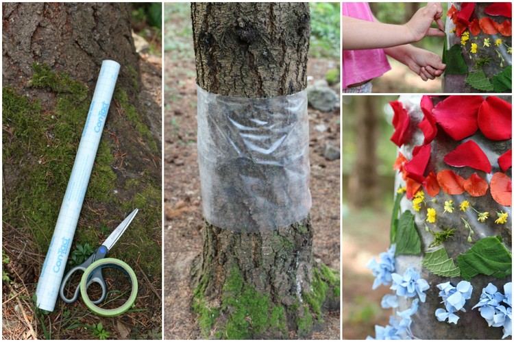 Hantverk med naturmaterial skapar regnbågar på trädet på våren
