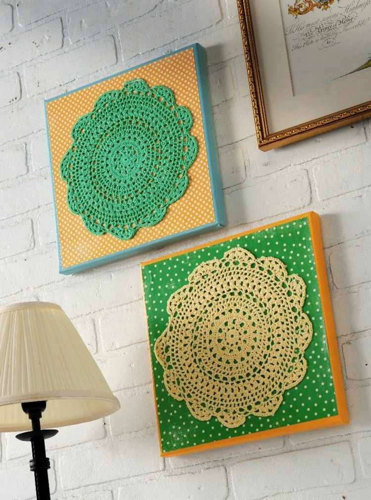 pyssel-spets-doilies-konst-vägg-dekorera-idé-gul-grön-canvas