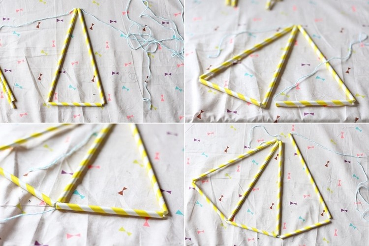 DIY Himmeli diamantformade geometriska figurer gul vitrosa ränder nåltråd trådtråd upp
