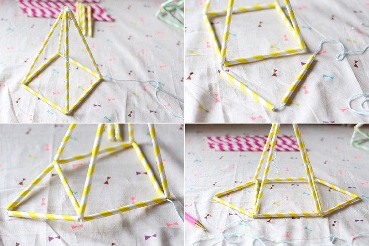DIY Himmeli diamantformade geometriska figurer gul vitrosa ränder nåltråd trådning form steg för steg