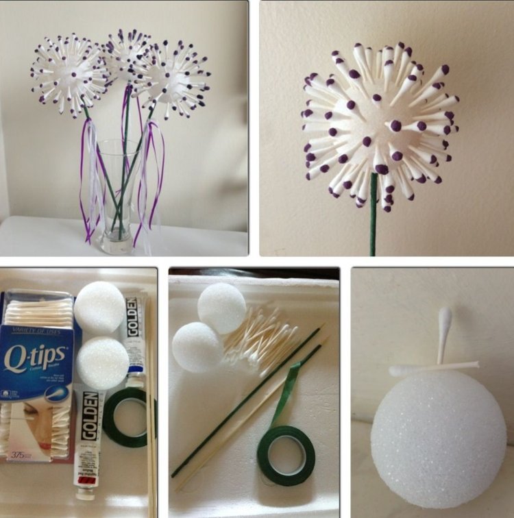 Gör en blomma själv av en frigolitboll och en bomullspinne