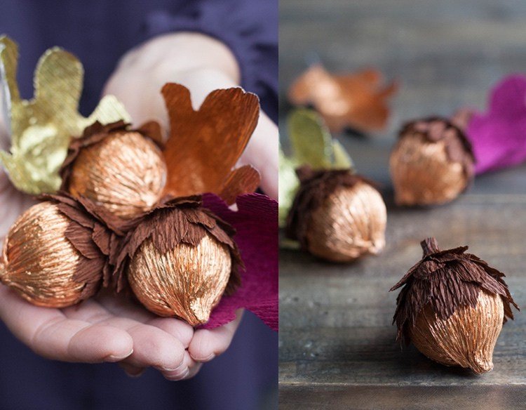 Gör hantverk med frigolitbollar på höstens ekollon i kräppapper själv