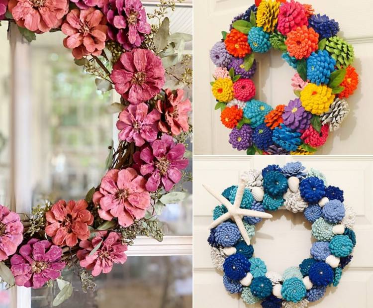 Kreativa idéer för dörrkransar - tinker med blommor, brokiga kottar eller maritimt i blått