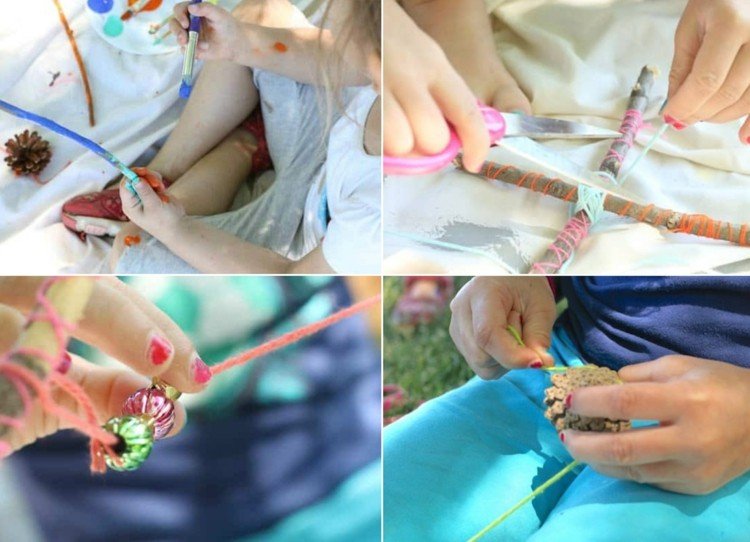 DIY -idé för barn - måla grenar och designa med tråd för en konmobil