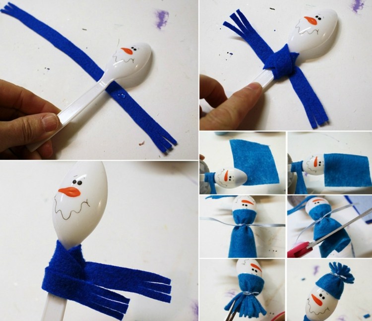 pyssel till jul plastsked-snögubbe-idé-blå-filt