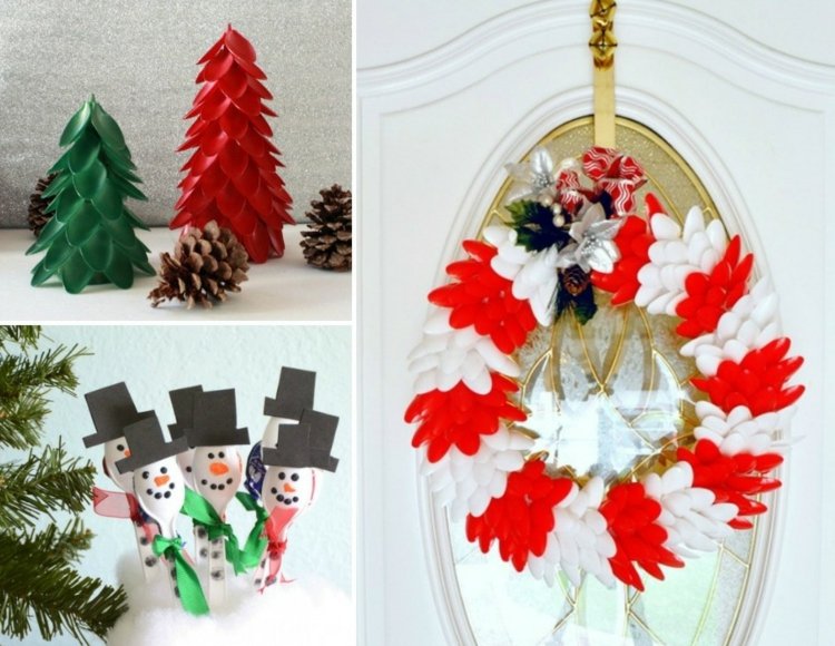 pyssel till jul plastsked-gran-träd-röd-grön-krans-snögubbe