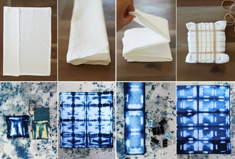 batiktekniker tyg-kvadrat-mönster-klipp-blå-batikfärg