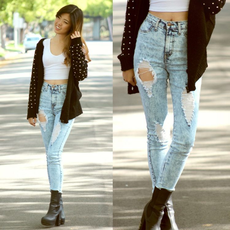 jeans used look crop tops vita jacka stövlar