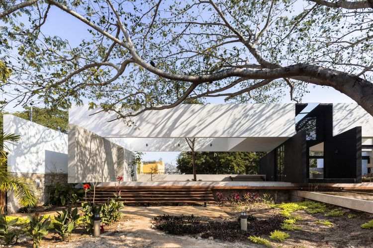 integrera trädbyggnad med träd modern design terrass trädgård utomhus område arkitektur drömhus naturmiljö