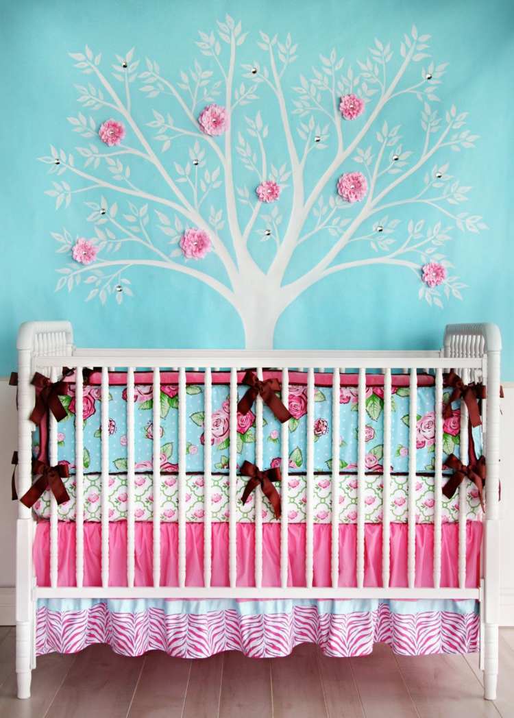 trädväggdekal barnrum vit bagageutrymme 3d effekt blommar papper rosa