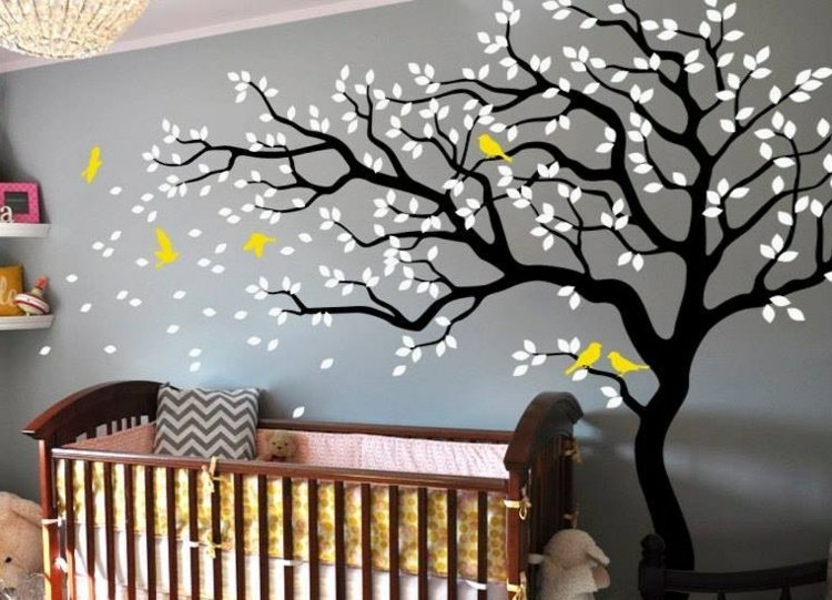 trädet väggklistermärke i barnkammaren baby svartvitt fågel gul