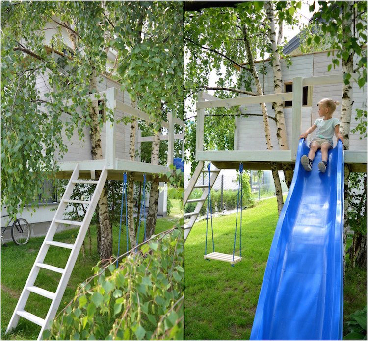 coolt trädhus för barn med rustika björkträd