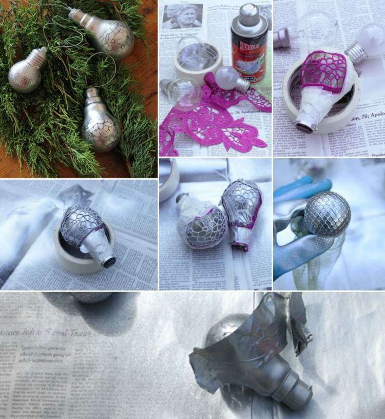 träddekorationer-jul-glödlampor-spray-måla-mönster-tyger-spets-mesh-silver