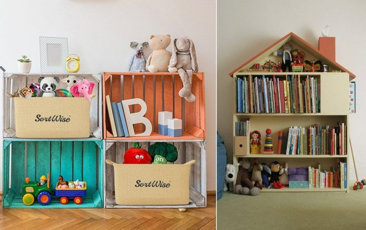 Förvaringsutrymme i barnrummet för böcker med trälådor eller en hylla i form av ett hus