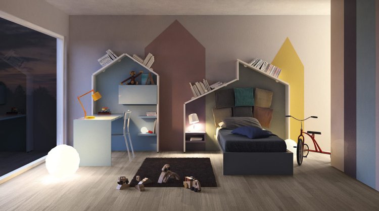 bokhylla-design-barnrum-hyllor-hus-väggfärg
