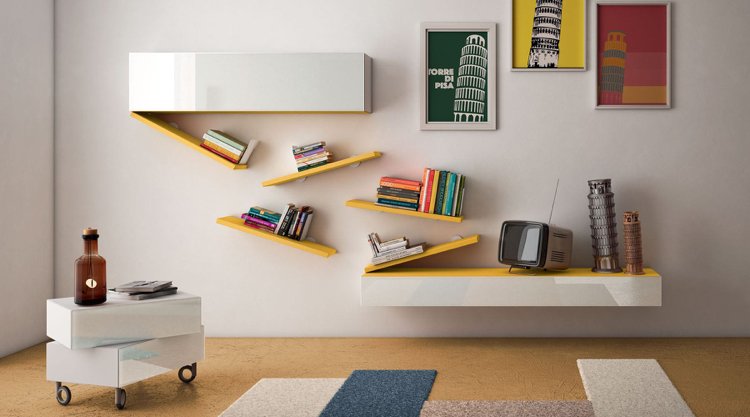 bokhylla-design-vardagsrum-vit-gul-modern-högglans-kreativ