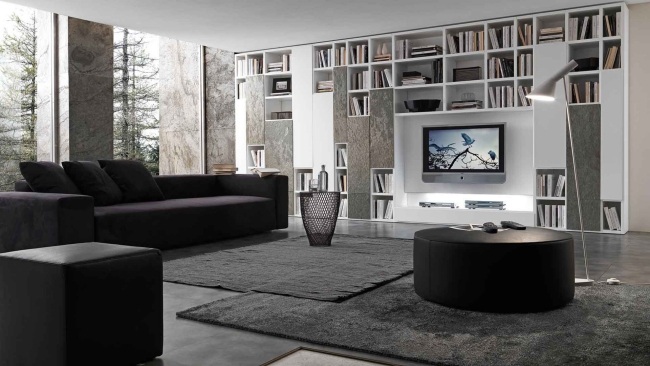 Vardagsrumshyllor väggbräda system-soffa-runda mattor