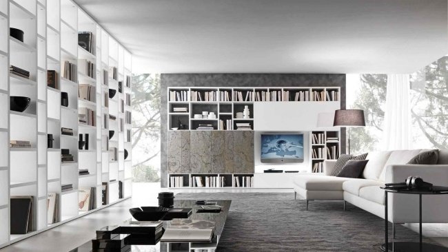 Väggdesign vardagsrum-böcker hyllor-vit italiensk design Presotto