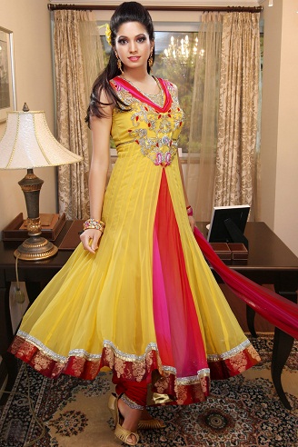 Κίτρινο-κόκκινο κοστούμι Bollywood