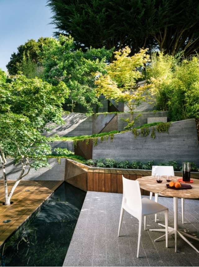 modern trädgård design sluttning stödmur japanskt utseende