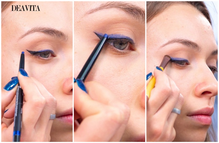 blå kohl längs eyelinerlinjen skapar vackra färg accenter