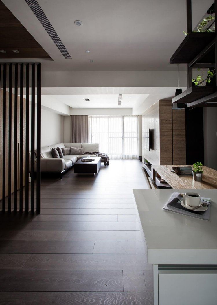 beige-färg-trä-kakel-vardagsrum-kök-rum-avdelare-modern-rum-design