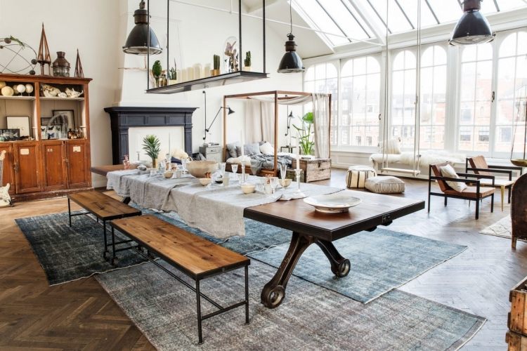 loft-möbler-stil-exempel-lång-rektangulär-matbord-bänk-bänk